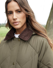 Load image into Gallery viewer, Women's Khaki Diamond Quilted Heritage Longline Barn Jacket with Removable Hood
