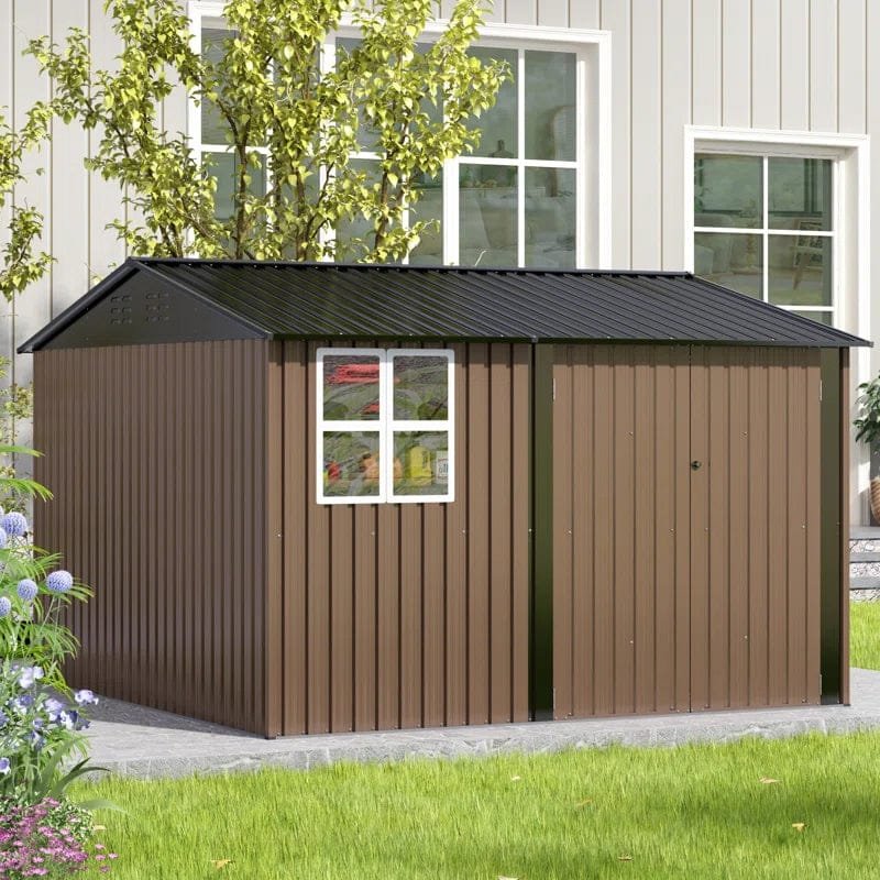 10 Ft. W X 10 Ft. D Brown Metal Storage Shed With Sloping Roof And Double Lockable Door (100 Sq. Ft.)