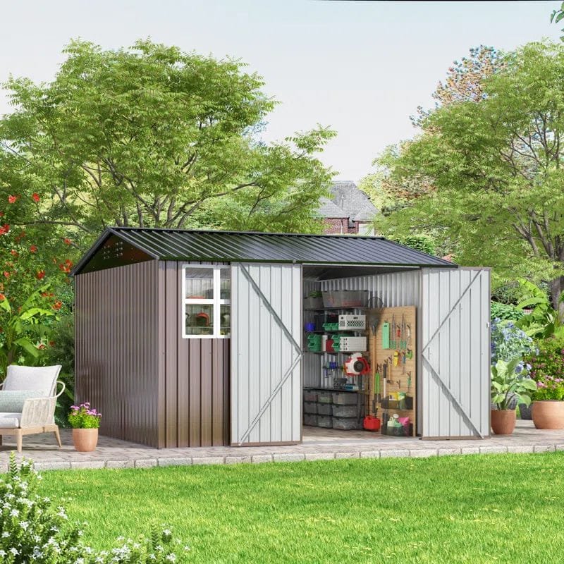 10 Ft. W X 10 Ft. D Brown Metal Storage Shed With Sloping Roof And Double Lockable Door (100 Sq. Ft.)