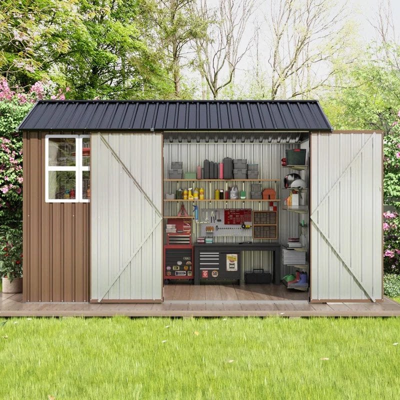 10 Ft. W X 10 Ft. D Brown Metal Storage Shed With Sloping Roof And Double Lockable Door (100 Sq. Ft.)