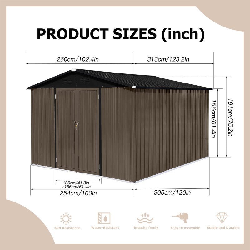 10ftx8ft Outdoor Metal Storage Shed for Gardens