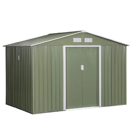 Spacious 9′ x 6′ Outdoor Storage Shed with Foundation, Sliding Doors, and Vents – Green